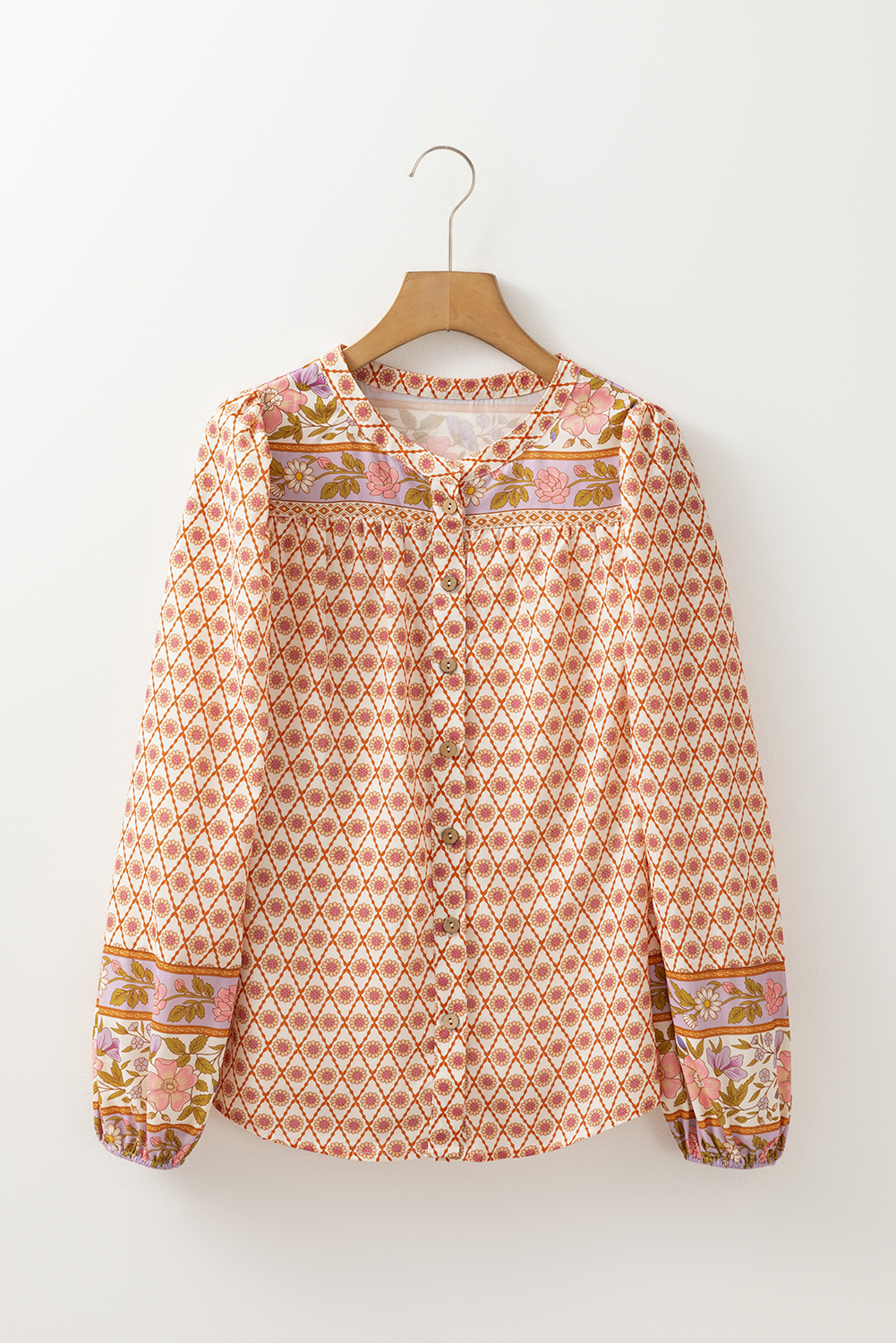 Women's Boho Floral Blouse, Casual V Neck Puff Sleeve Shirt - Detail View 4 Women's Boho Floral Blouse, Casual V Neck Puff Sleeve Shirt - Detail View 4