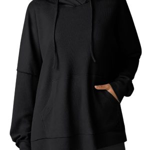 Women's Black Waffle Knit Fleece Lined Oversized Hoodie - Main View
