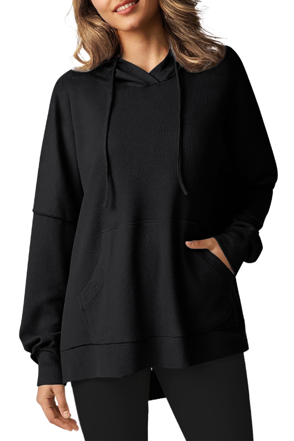 Women's Black Waffle Knit Fleece Lined Oversized Hoodie - Main View Women's Black Waffle Knit Fleece Lined Oversized Hoodie - Main View