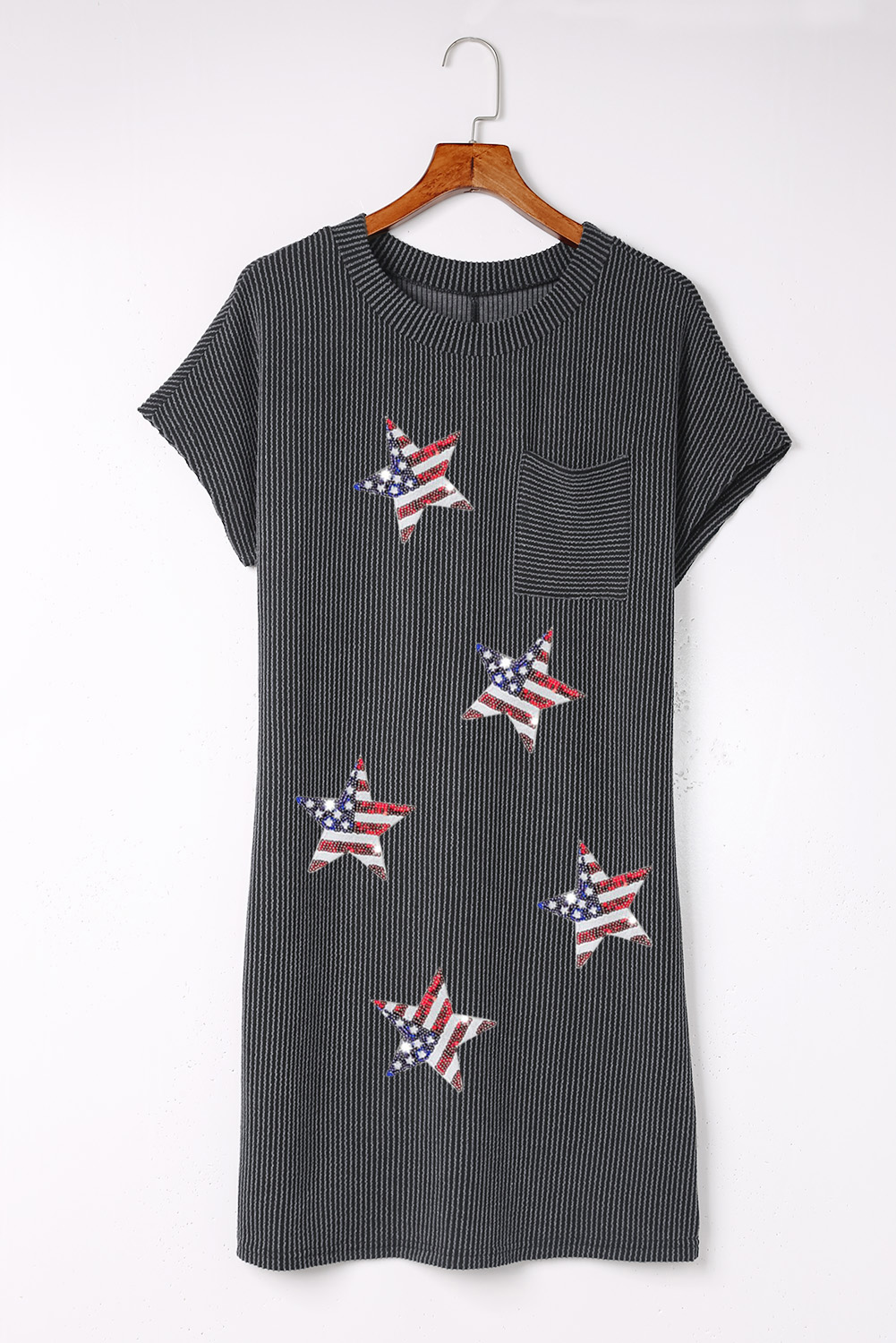 Short Sleeve Star Sequin Dress, Women's Casual Ribbed Shift - Detail View 6 Short Sleeve Star Sequin Dress, Women's Casual Ribbed Shift - Detail View 6