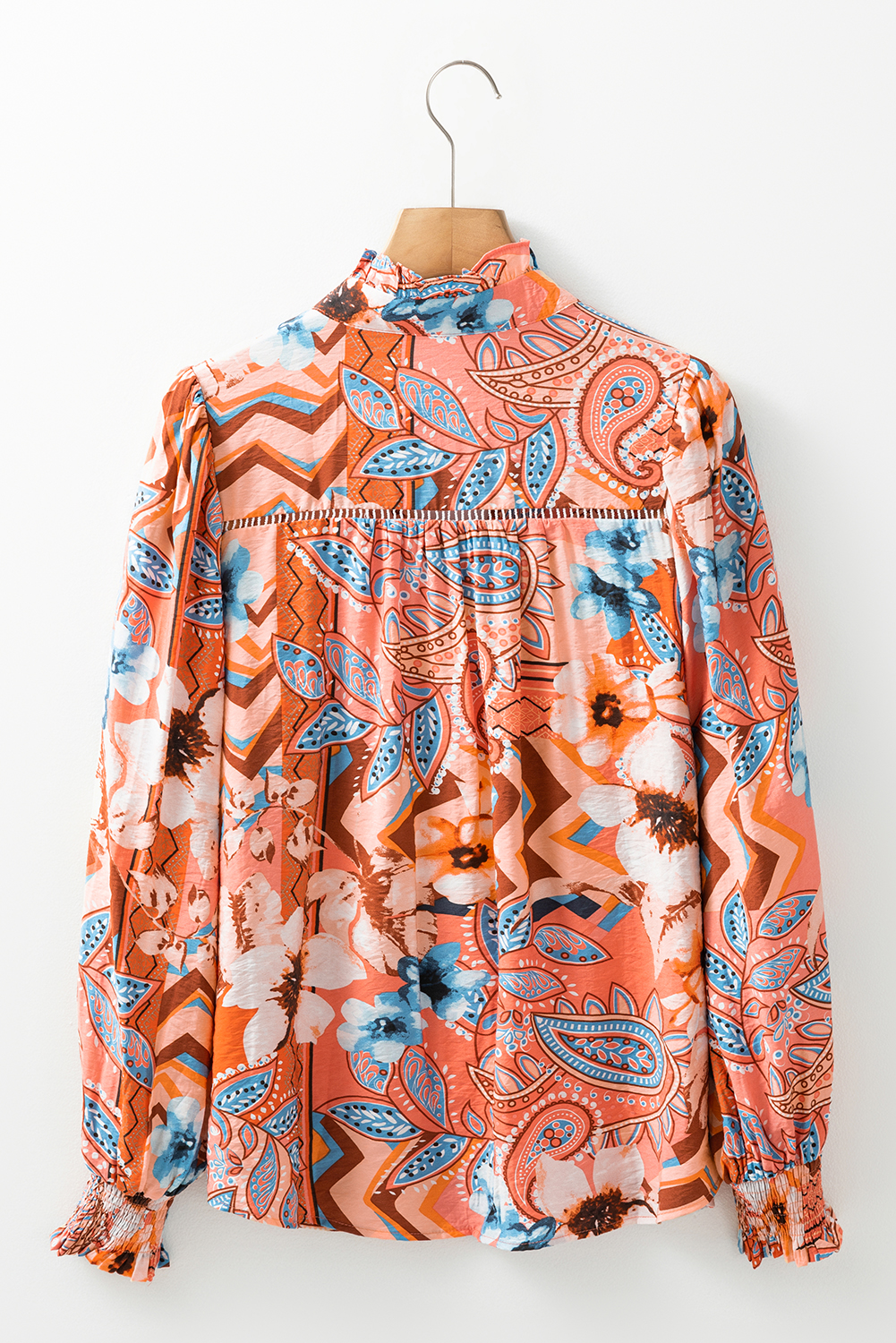 Women's Shirt, Orange Floral, Shirred Cuff, Button Up, Loose Fit, Bohemian Style, Long Sleeve, V Neck, Daily Wear, Chic Design, Comfortable, Spring Fashion, Tops, Blouses & Shirts, Feminine Elegance, Versatile Styling - Detail View 4 Women's Shirt, Orange Floral, Shirred Cuff, Button Up, Loose Fit, Bohemian Style, Long Sleeve, V Neck, Daily Wear, Chic Design, Comfortable, Spring Fashion, Tops, Blouses & Shirts, Feminine Elegance, Versatile Styling - Detail View 4