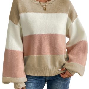 Women's Dusty Pink Color Block Lantern Sleeve Drop Shoulder Sweater - Main View