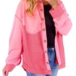 Women's Peach Blossom Two Tone Waffle Knit Buttoned Shacket - Main View