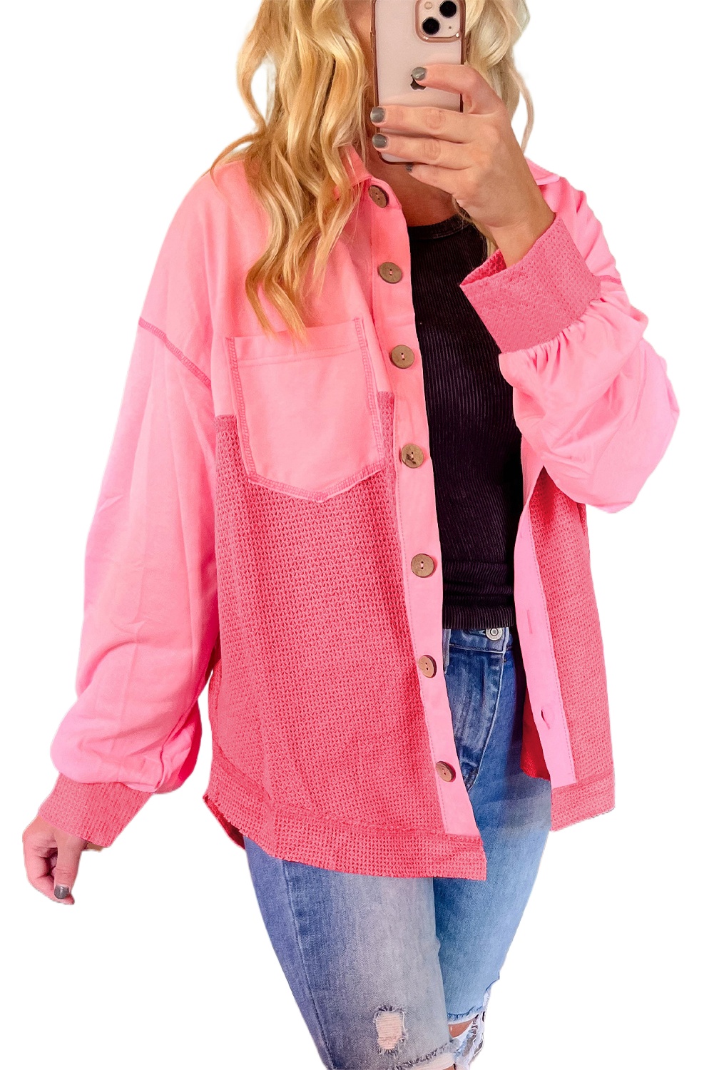 Women's Peach Blossom Two Tone Waffle Knit Buttoned Shacket - Main View Women's Peach Blossom Two Tone Waffle Knit Buttoned Shacket - Main View