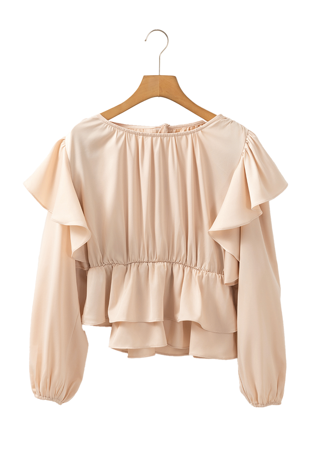Women's Oatmeal Lace-up Keyhole Back Ruffled Peplum Blouse – Elegant Long Sleeve Top - Detail View 17 Women's Oatmeal Lace-up Keyhole Back Ruffled Peplum Blouse – Elegant Long Sleeve Top - Detail View 17