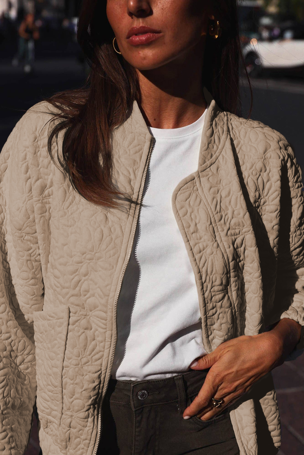 Women's Jacket, Light French Beige, Floral Quilted, Solid Color, Long Sleeves, Casual, Chic, Winter Wear, Daily Wear, Textured Fabric, Best Sellers, Outerwear, Jackets - Detail View 10 Women's Jacket, Light French Beige, Floral Quilted, Solid Color, Long Sleeves, Casual, Chic, Winter Wear, Daily Wear, Textured Fabric, Best Sellers, Outerwear, Jackets - Detail View 10