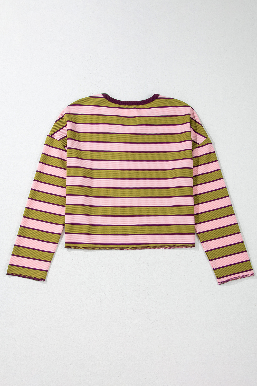 Women's Spinach Green Striped Waffle Texture Long Sleeve Top with Notched Neck - Detail View 9 Women's Spinach Green Striped Waffle Texture Long Sleeve Top with Notched Neck - Detail View 9