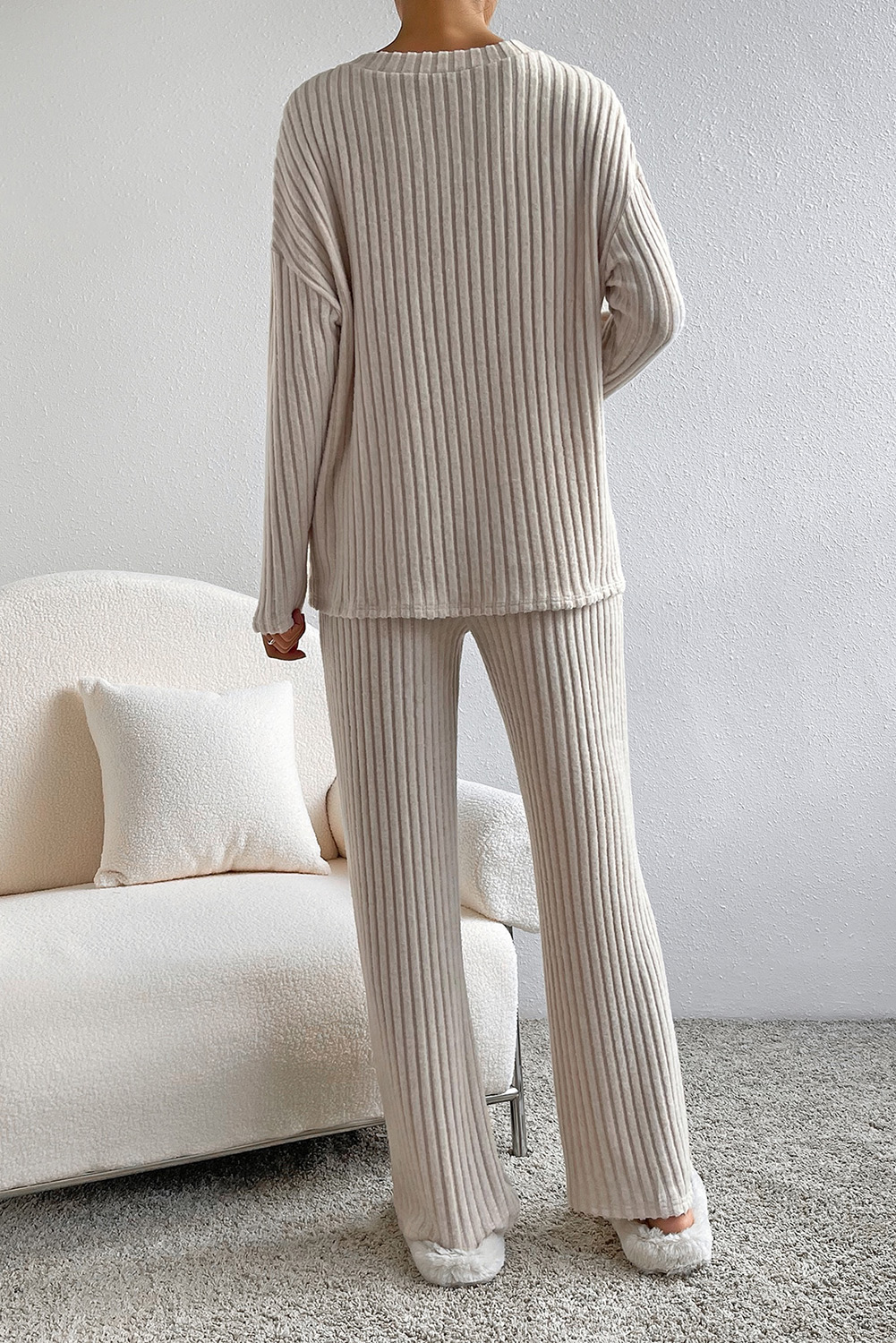 Khaki Ribbed Loungewear Set, Relaxed V Neck Two Piece Outfit - Detail View 3 Khaki Ribbed Loungewear Set, Relaxed V Neck Two Piece Outfit - Detail View 3