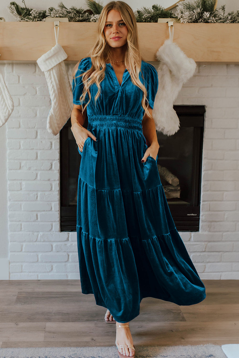 Stylish Tiered Maxi Dress for Women - High Waist, Comfortable Velvet Fabric in Prussian Blue - Detail View 3 Stylish Tiered Maxi Dress for Women - High Waist, Comfortable Velvet Fabric in Prussian Blue - Detail View 3