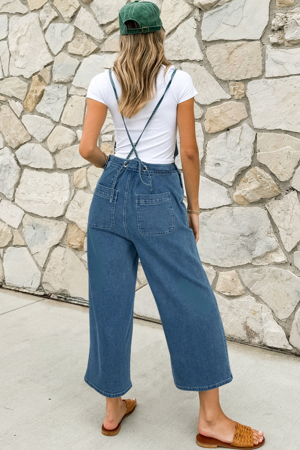 Trendy Dusk Blue Denim Jumpsuit with Adjustable Tie Straps and Bib Pocket - Detail View 2 Trendy Dusk Blue Denim Jumpsuit with Adjustable Tie Straps and Bib Pocket - Detail View 2