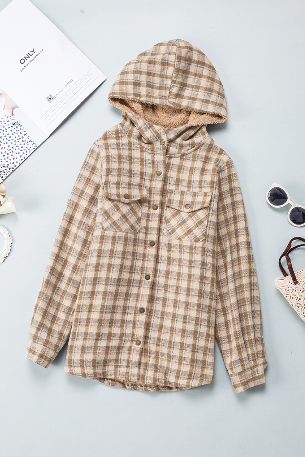 Women's Khaki Plaid Shacket, Sherpa Lined Hooded Jacket - Detail View 7 Women's Khaki Plaid Shacket, Sherpa Lined Hooded Jacket - Detail View 7