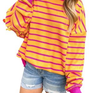 Women's Orange Striped Round Neck Drop Shoulder Loose Sweater - Main View
