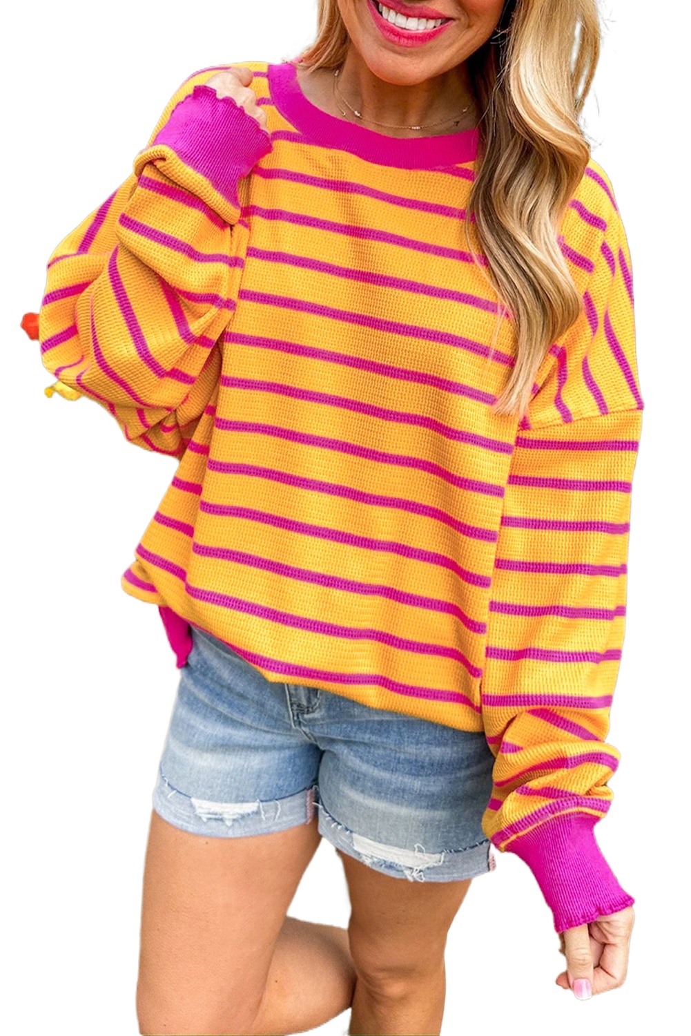 Women's Orange Striped Round Neck Drop Shoulder Loose Sweater - Main View Women's Orange Striped Round Neck Drop Shoulder Loose Sweater - Main View