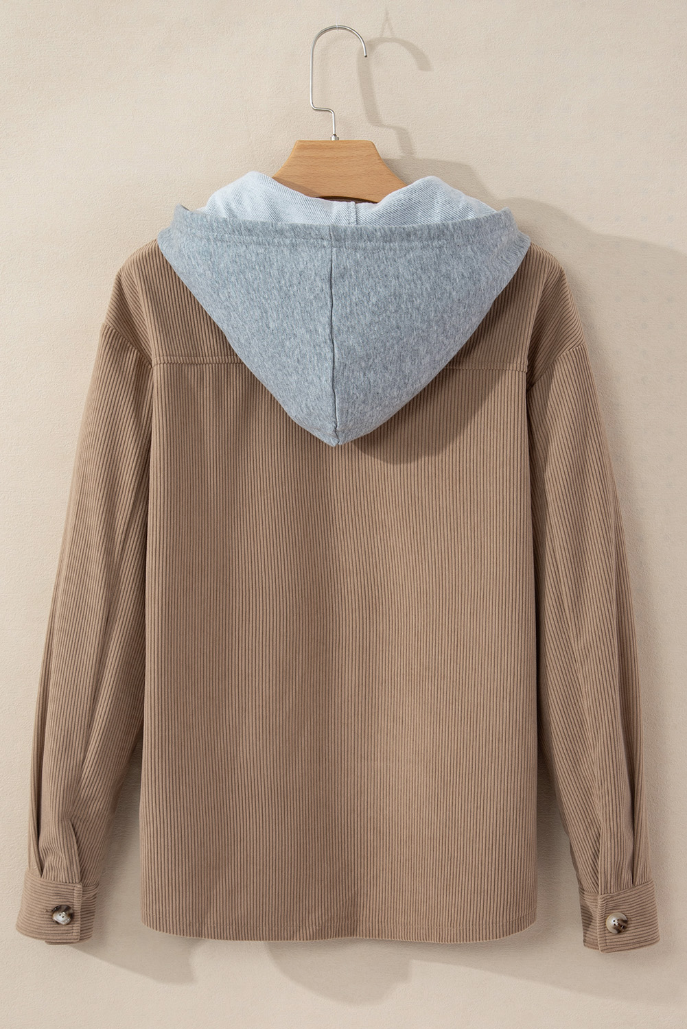 Women's Pale Khaki Corduroy Hooded Drawstring Shacket - Detail View 6 Women's Pale Khaki Corduroy Hooded Drawstring Shacket - Detail View 6