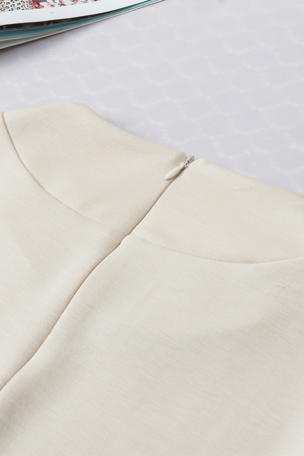 Women's Oatmeal Mock Neck Top, Casual Short Sleeve Blouse - Detail View 10 Women's Oatmeal Mock Neck Top, Casual Short Sleeve Blouse - Detail View 10