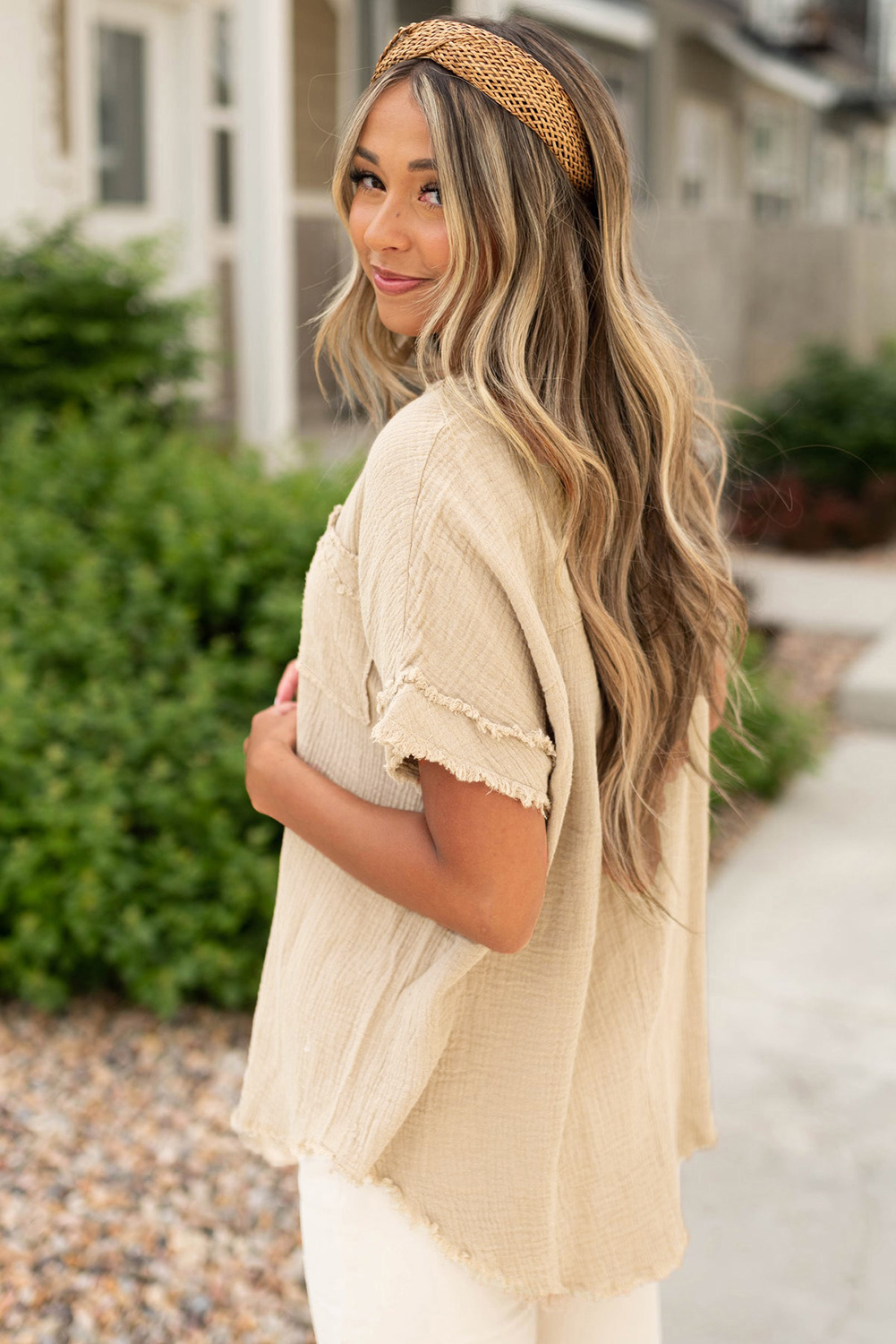 Women's Parchment Button Henley Top, Casual Raw Hem Shirt - Detail View 4 Women's Parchment Button Henley Top, Casual Raw Hem Shirt - Detail View 4