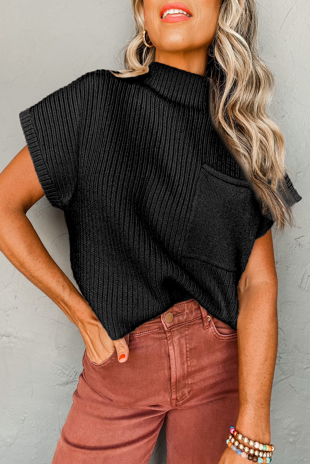 Short Sleeve Ribbed Knit Top, Women's Fall Daily Sweater - Detail View 3 Short Sleeve Ribbed Knit Top, Women's Fall Daily Sweater - Detail View 3