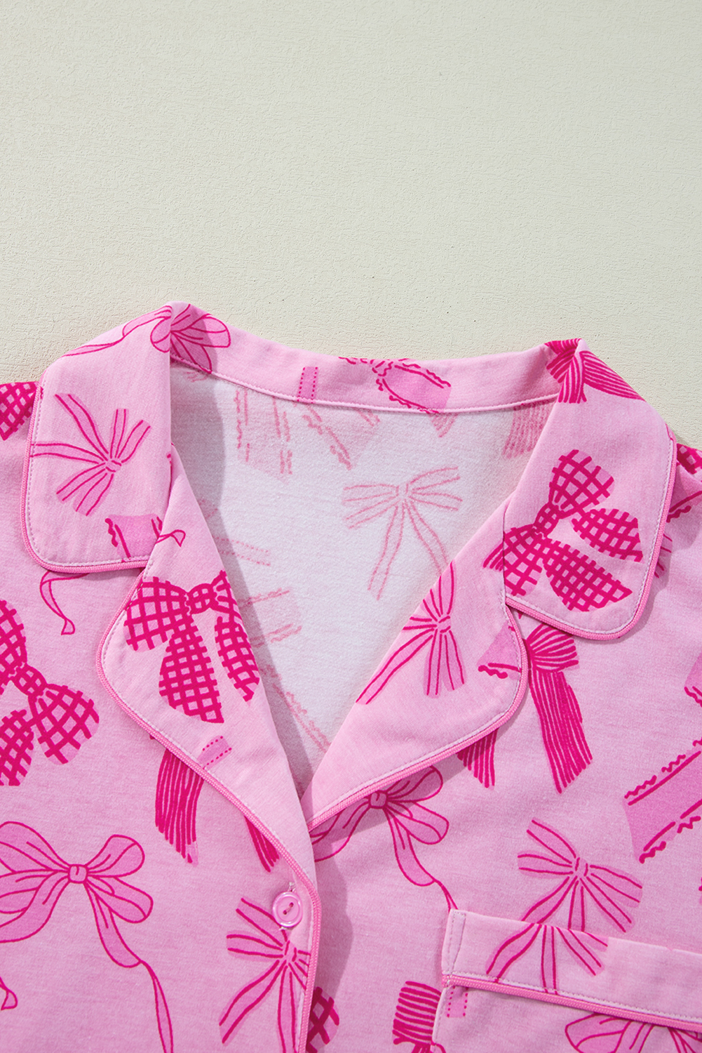 Women's Pajama Set, Pink Bow Print, Half Sleeve, Shorts, Sleepwear, Casual, Comfortable, Loungewear, Summer Sleepwear, Cute Design, Stylish, Relaxed Fit, Daily Wear, Functional Pockets, Button Details - Detail View 16 Women's Pajama Set, Pink Bow Print, Half Sleeve, Shorts, Sleepwear, Casual, Comfortable, Loungewear, Summer Sleepwear, Cute Design, Stylish, Relaxed Fit, Daily Wear, Functional Pockets, Button Details - Detail View 16