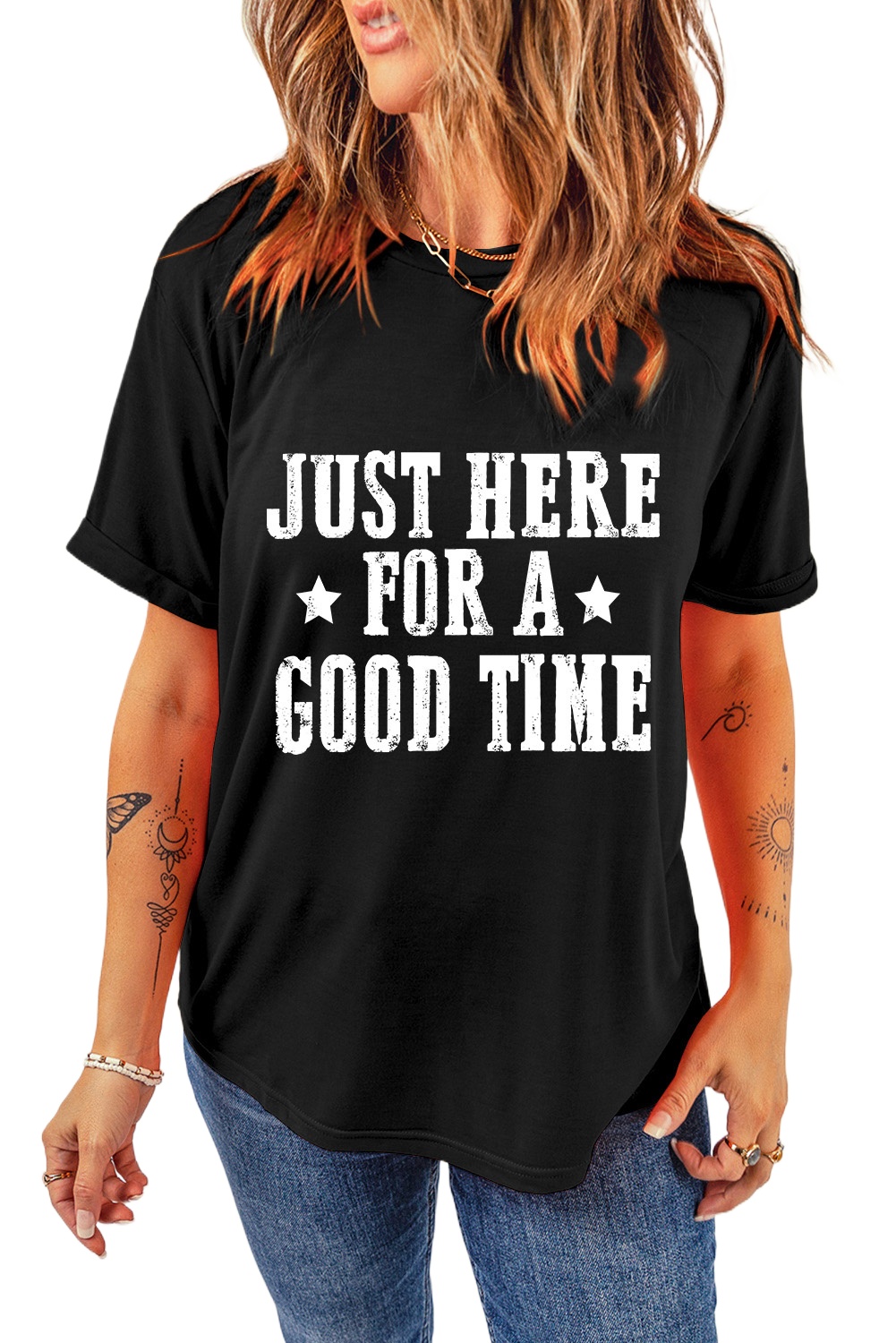 Women's Black 'Just Here For A Good Time' Graphic Round Neck T-Shirt - Main View Women's Black 'Just Here For A Good Time' Graphic Round Neck T-Shirt - Main View