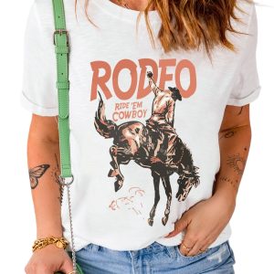 Women's White RODEO Cowboy Graphic Crewneck T-Shirt - Main View