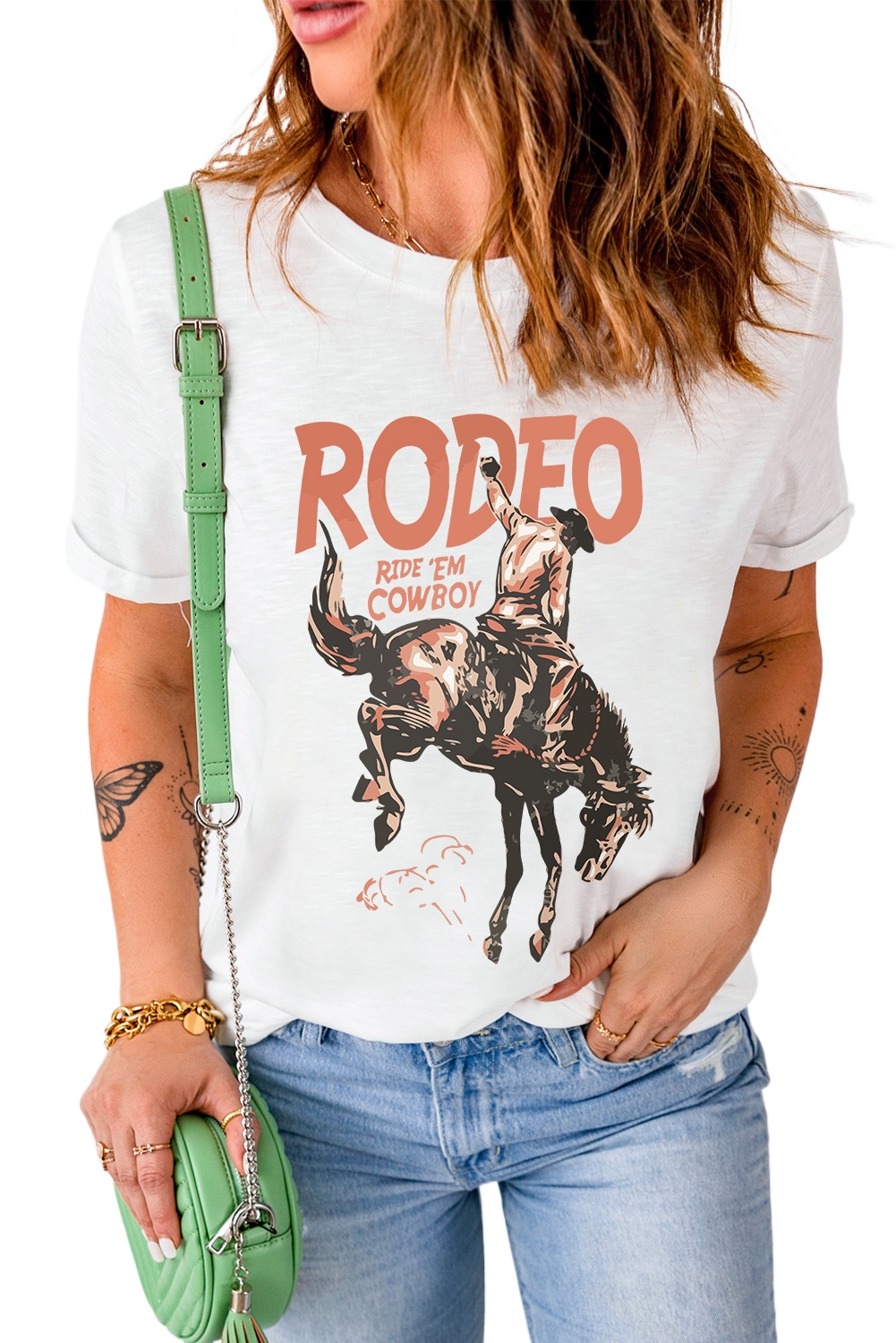 Women's White RODEO Cowboy Graphic Crewneck T-Shirt - Main View Women's White RODEO Cowboy Graphic Crewneck T-Shirt - Main View