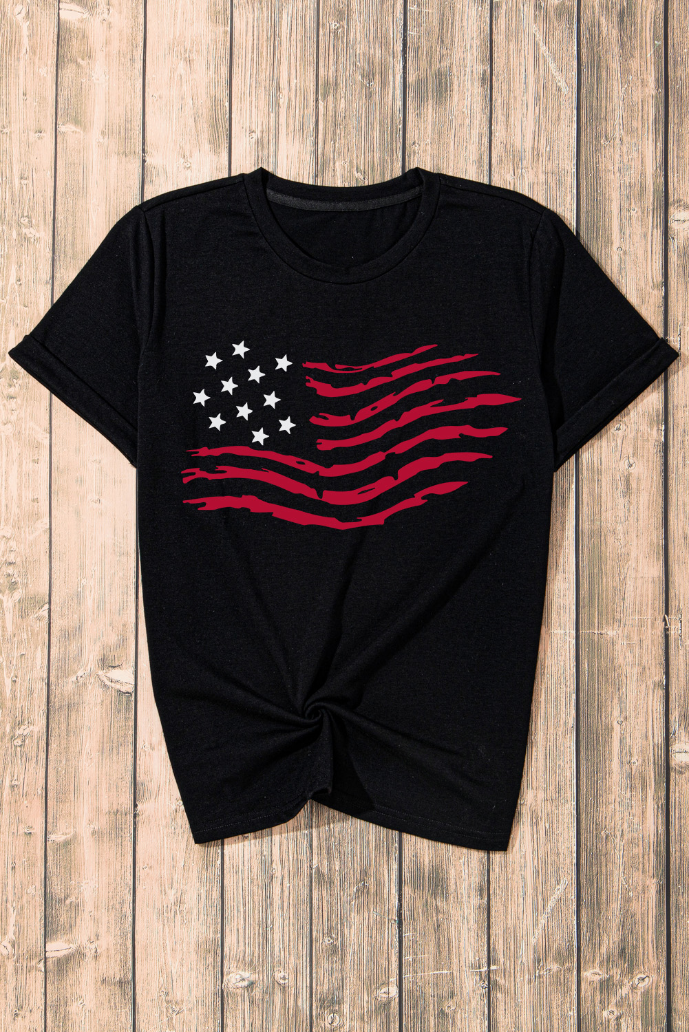 Black Casual Short Sleeve Tee with American Flag Pattern - Detail View 7 Black Casual Short Sleeve Tee with American Flag Pattern - Detail View 7