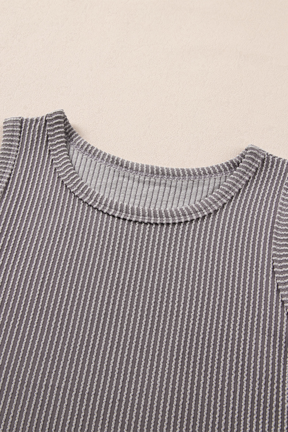 Women's Ribbed Sleeveless Set, Casual Grey Round Neck Outfit - Detail View 10 Women's Ribbed Sleeveless Set, Casual Grey Round Neck Outfit - Detail View 10