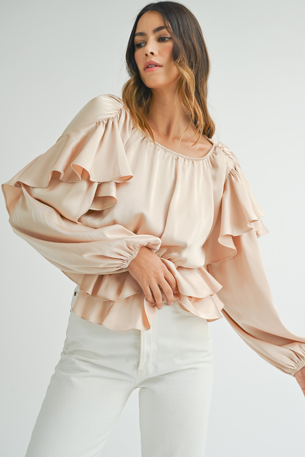Women's Blouse, Oatmeal Color, Lace-up Detail, Keyhole Back, Ruffled Peplum, Long Sleeve, Elegant Style, Solid Color, Trendy Puff Sleeves, Feminine Silhouette, Office Wear, Date Night Top, Comfortable Fabric, Spring Fashion - Detail View 8 Women's Blouse, Oatmeal Color, Lace-up Detail, Keyhole Back, Ruffled Peplum, Long Sleeve, Elegant Style, Solid Color, Trendy Puff Sleeves, Feminine Silhouette, Office Wear, Date Night Top, Comfortable Fabric, Spring Fashion - Detail View 8
