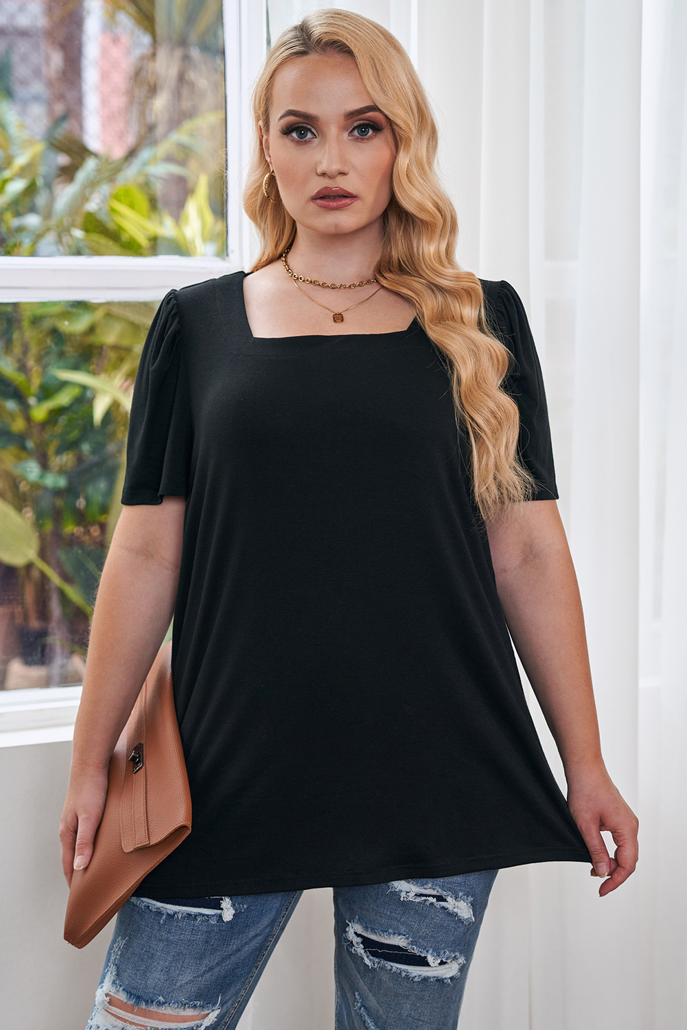 Women's Plus Size Square Neck Top, Black Puff Sleeve Blouse - Detail View 7 Women's Plus Size Square Neck Top, Black Puff Sleeve Blouse - Detail View 7