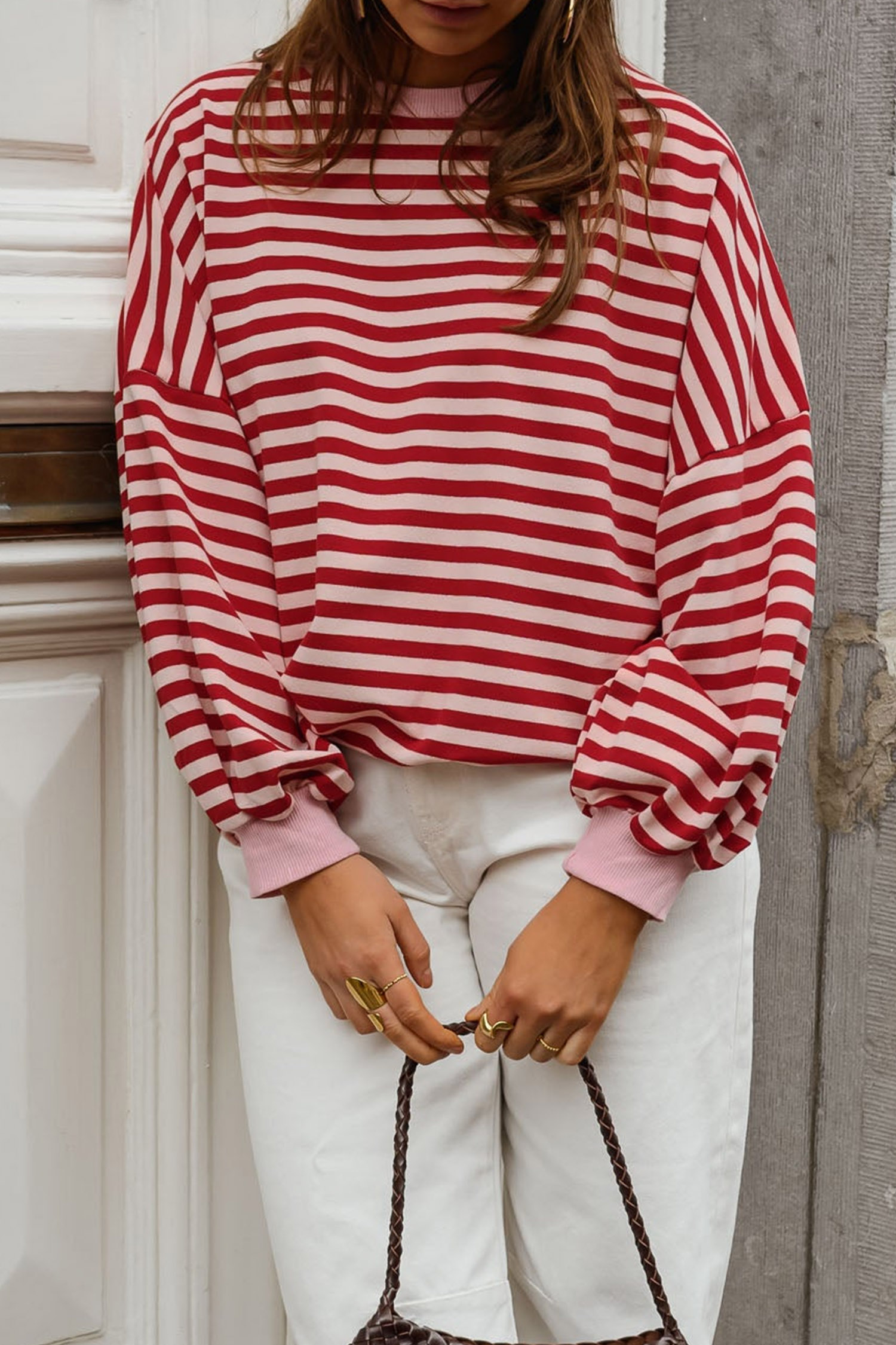 Cotton Blend Striped Women's Top, Loose Backless Long Sleeve - Detail View 3 Cotton Blend Striped Women's Top, Loose Backless Long Sleeve - Detail View 3
