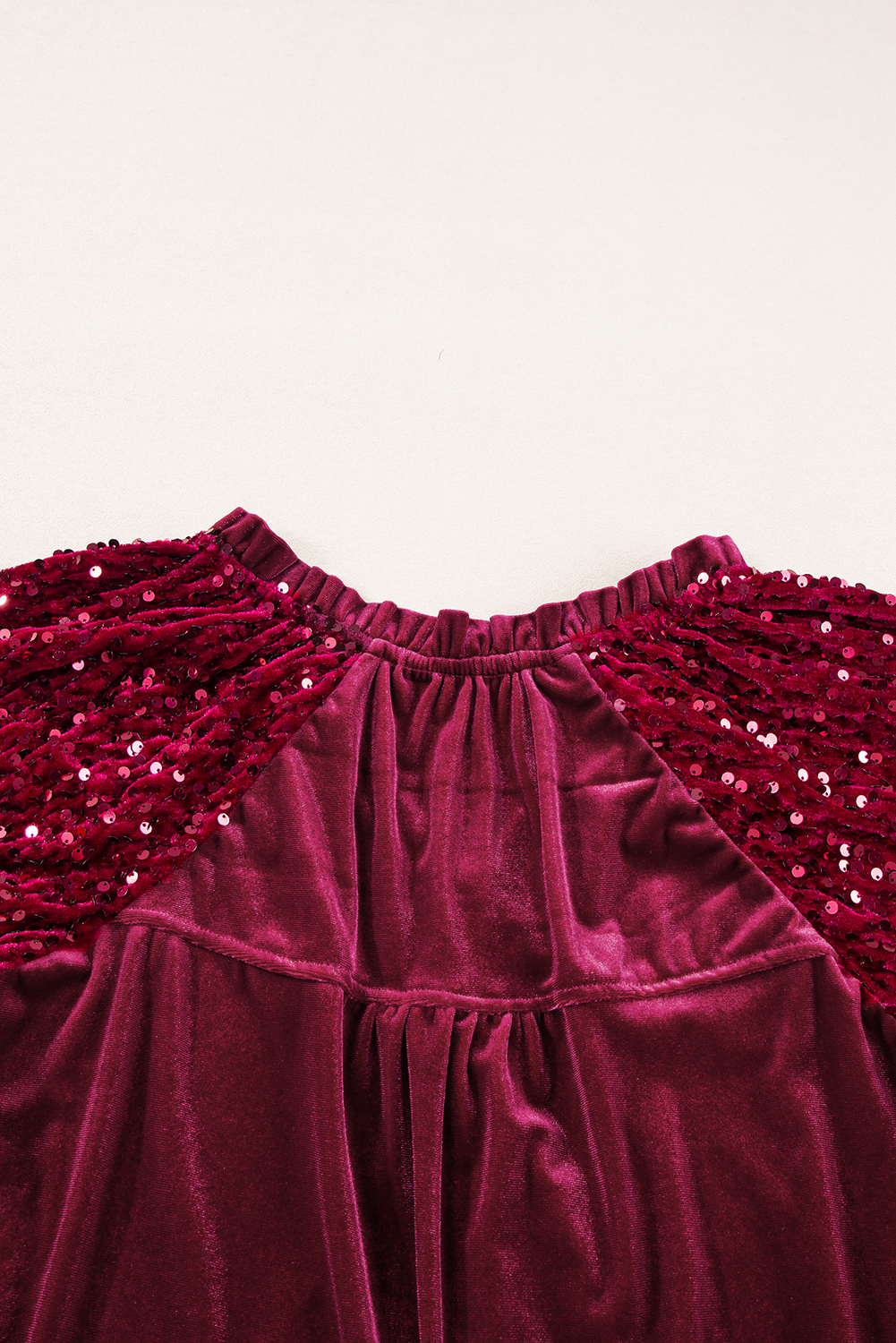 Elegant Red Velvet Blouse with Long Sequin Sleeves and Ruffled V Neck - Detail View 14 Elegant Red Velvet Blouse with Long Sequin Sleeves and Ruffled V Neck - Detail View 14