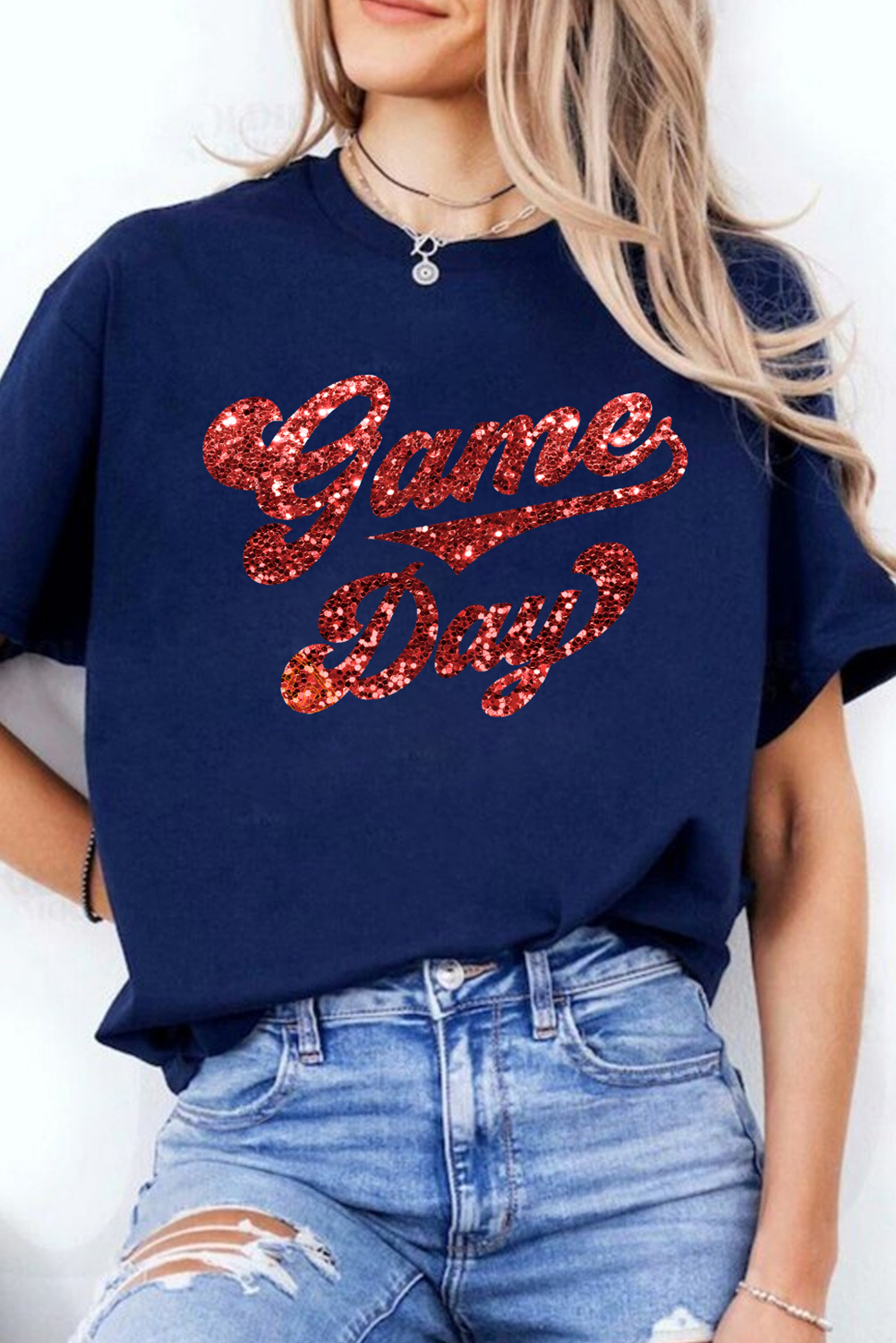 Stylish Cuffed Sleeve Crew Neck Tee for Game Day - Blue Glitter Graphic - Detail View 2 Stylish Cuffed Sleeve Crew Neck Tee for Game Day - Blue Glitter Graphic - Detail View 2