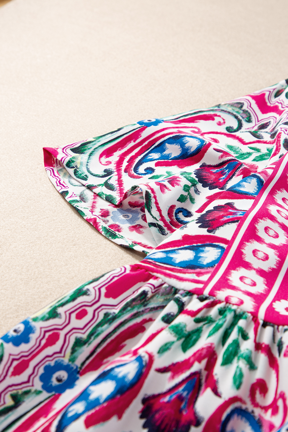 Pink Floral Boho Mini Dress, V Neck Tiered Vacation Outfit - Detail View 14 Pink Floral Boho Mini Dress, V Neck Tiered Vacation Outfit - Detail View 14