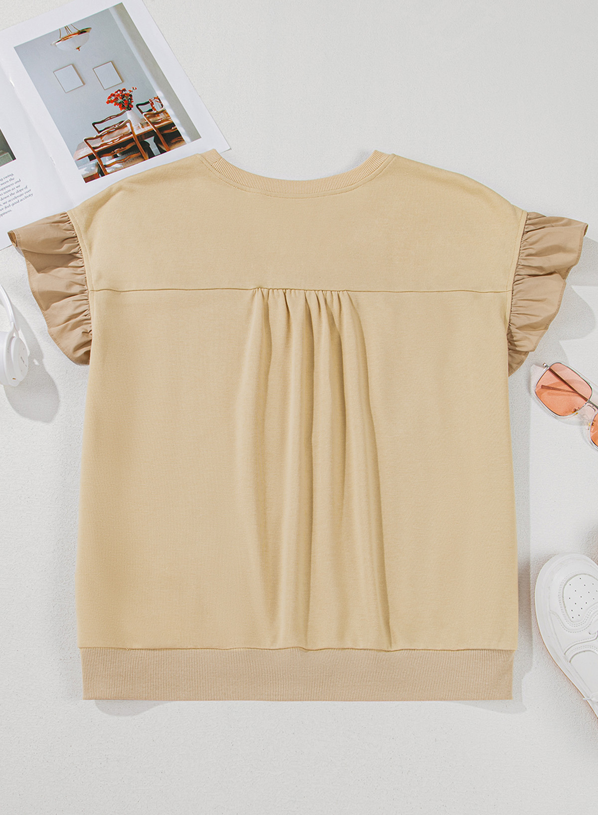 Feminine Plus Size Crew Neck Top - Ruffled Detail and Bowknot Decoration - Detail View 6 Feminine Plus Size Crew Neck Top - Ruffled Detail and Bowknot Decoration - Detail View 6