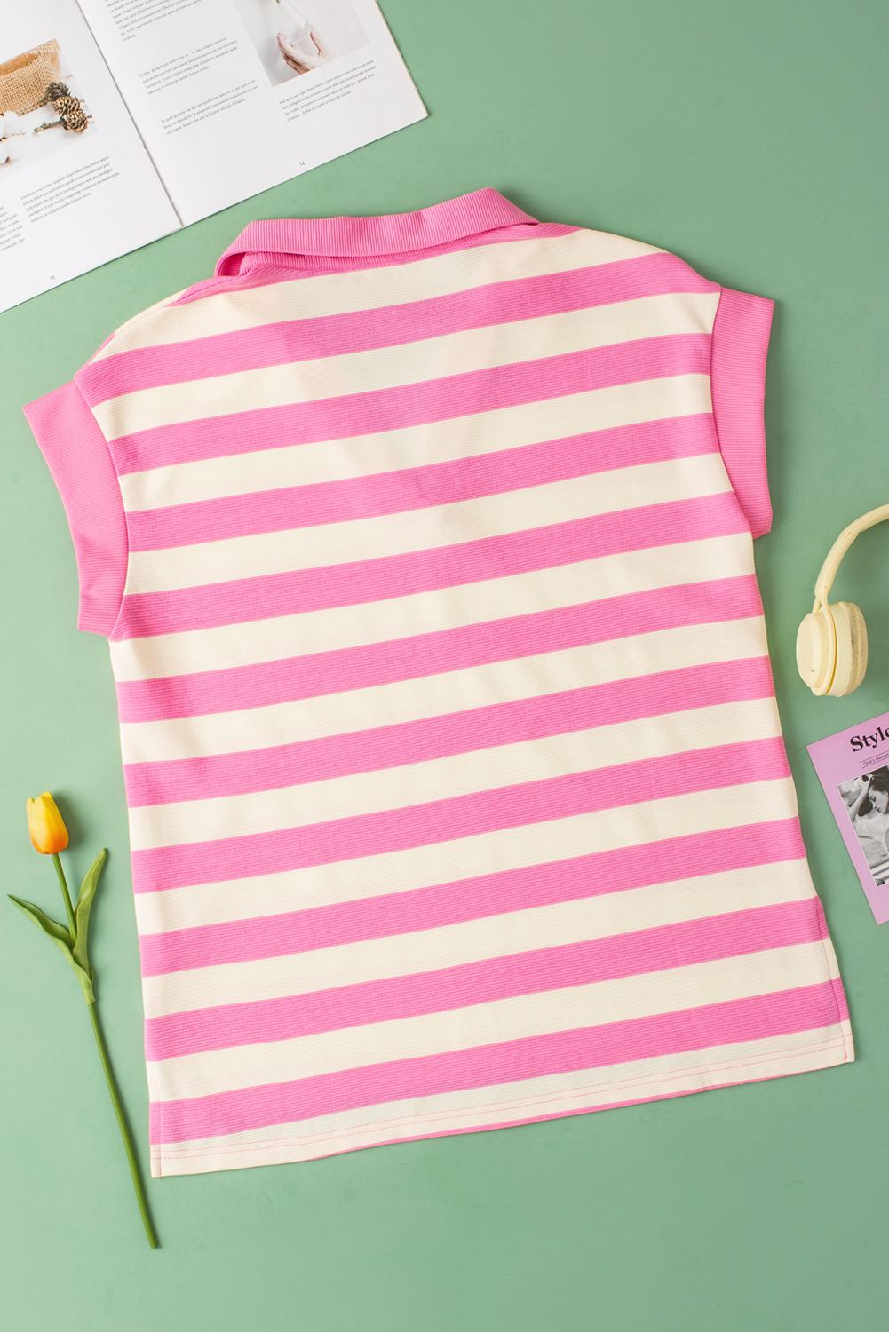 Women's Summer Striped Top, Comfortable Collared Cap Sleeve - Detail View 3 Women's Summer Striped Top, Comfortable Collared Cap Sleeve - Detail View 3