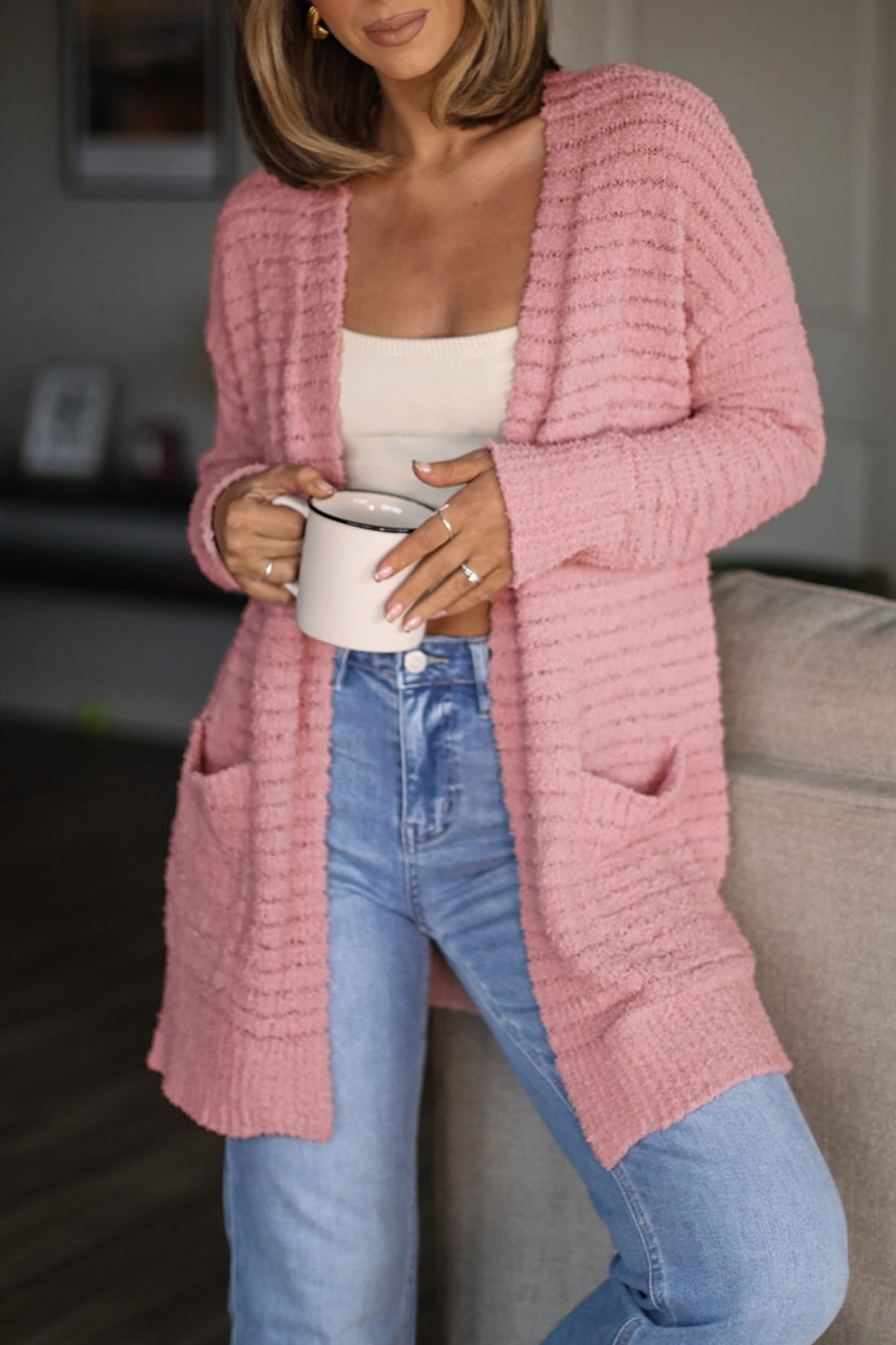 Casual Ribbed Knit Cardigan, Long Sleeve Open Front Sweater - Detail View 8 Casual Ribbed Knit Cardigan, Long Sleeve Open Front Sweater - Detail View 8