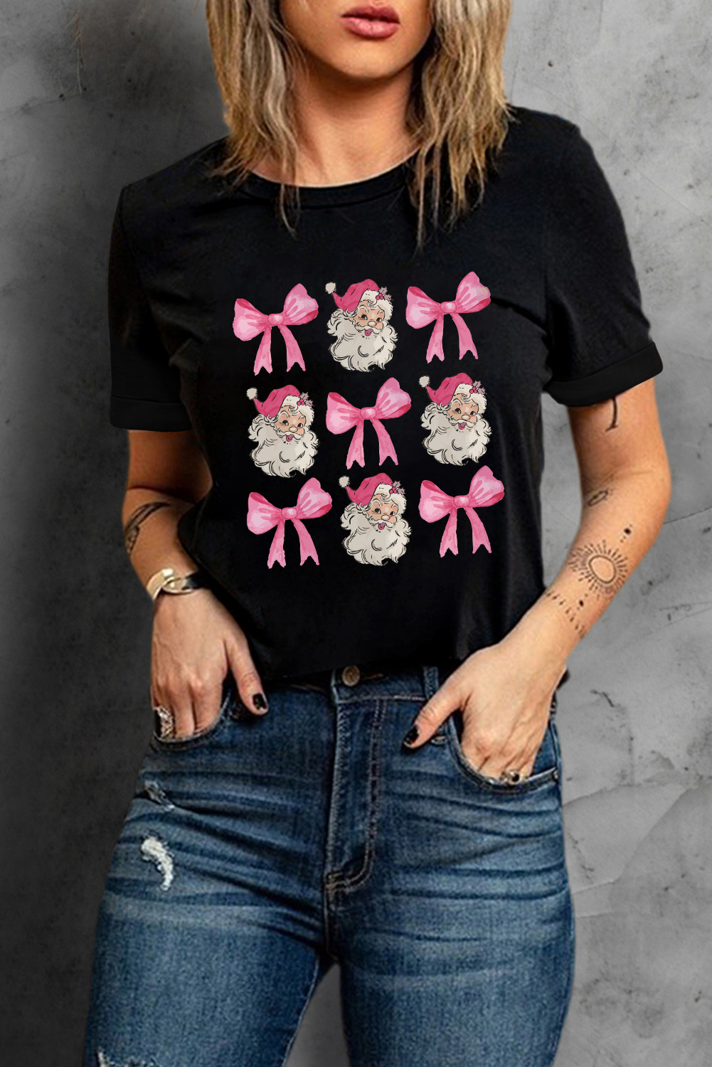 Women's Black Santa Claus Bow Knot Christmas Graphic Tee - Detail View 6 Women's Black Santa Claus Bow Knot Christmas Graphic Tee - Detail View 6
