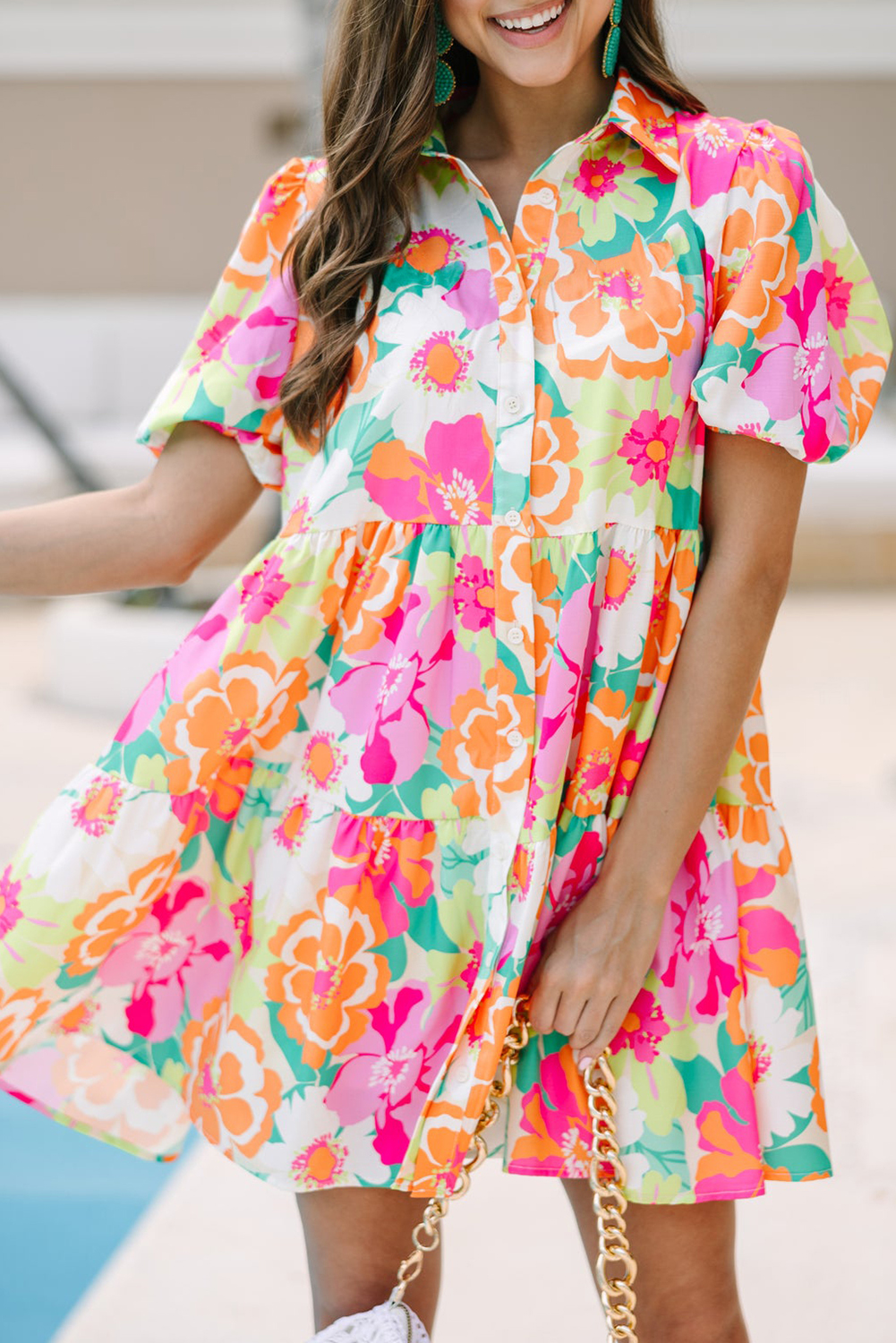 Elegant Summer Style: Pink Floral A-Line Babydoll Dress - Detail View 3 Elegant Summer Style: Pink Floral A-Line Babydoll Dress - Detail View 3