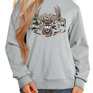 Women's Camo Reindeer Sweatshirt, Casual Mock Neck Pullover - Main View