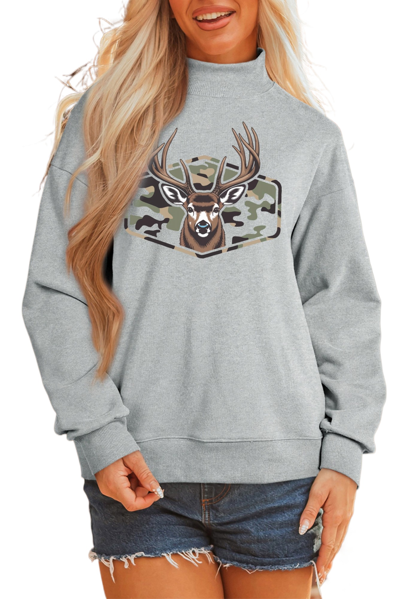 Women's Camo Reindeer Sweatshirt, Casual Mock Neck Pullover - Main View Women's Camo Reindeer Sweatshirt, Casual Mock Neck Pullover - Main View