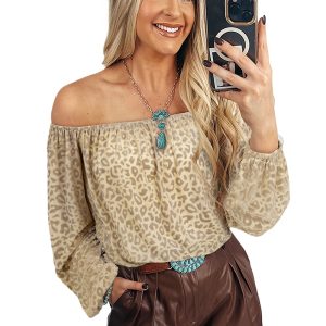 Women's Beige Leopard Velvet Burnout Off Shoulder Long Sleeve Blouse - Main View