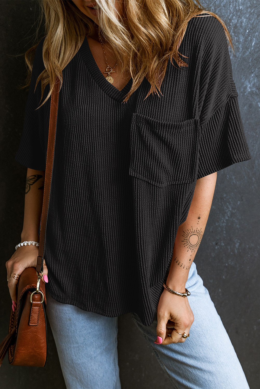 Women's Relaxed Fit Pocket Tee, Versatile Black Casual Top - Detail View 3 Women's Relaxed Fit Pocket Tee, Versatile Black Casual Top - Detail View 3
