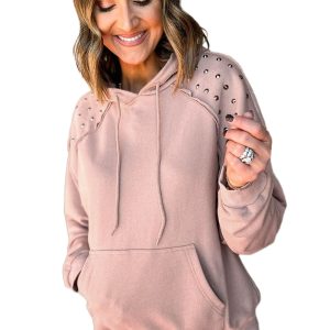 Women's Fushia Solid Color Rivet Stud Raglan Sleeve Hoodie with Pocket - Main View