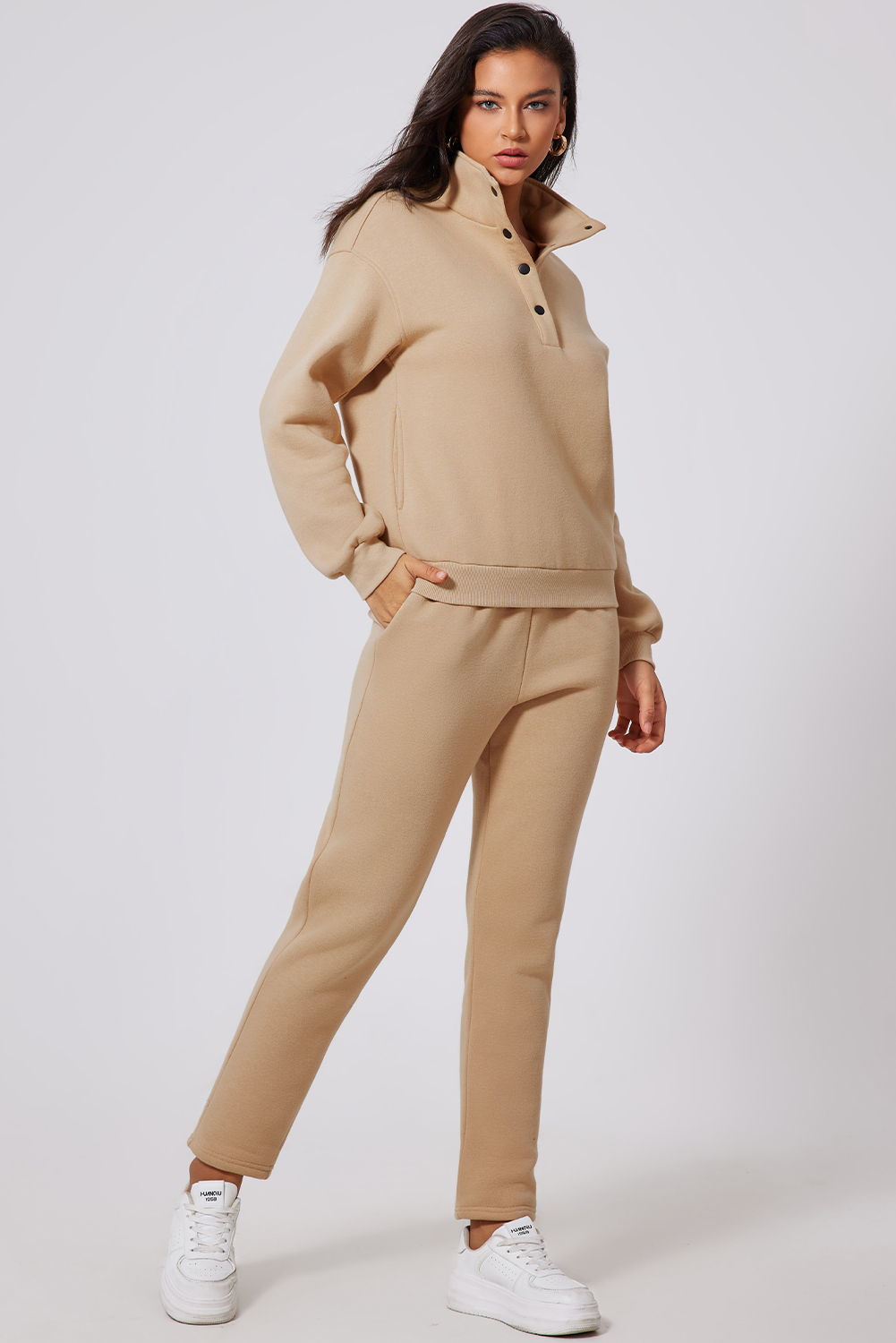 Women's Parchment Solid Half Button Sweatshirt and High Waist Sweatpants Set - Detail View 6 Women's Parchment Solid Half Button Sweatshirt and High Waist Sweatpants Set - Detail View 6
