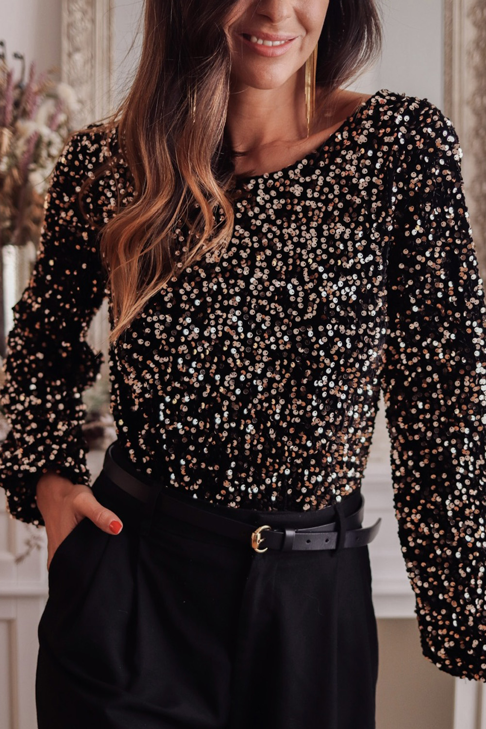 Make a Statement with this Elegant Black Sequin Bodysuit - Deep V Back and Puff Sleeves - Detail View 2 Make a Statement with this Elegant Black Sequin Bodysuit - Deep V Back and Puff Sleeves - Detail View 2