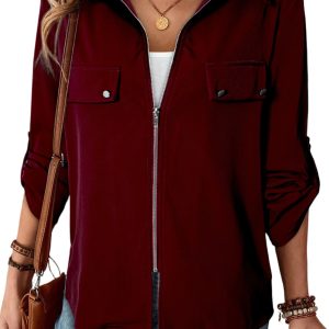 Women's Red Dahlia Zip Up Flap Detail Jacket with Tab Sleeves - Main View