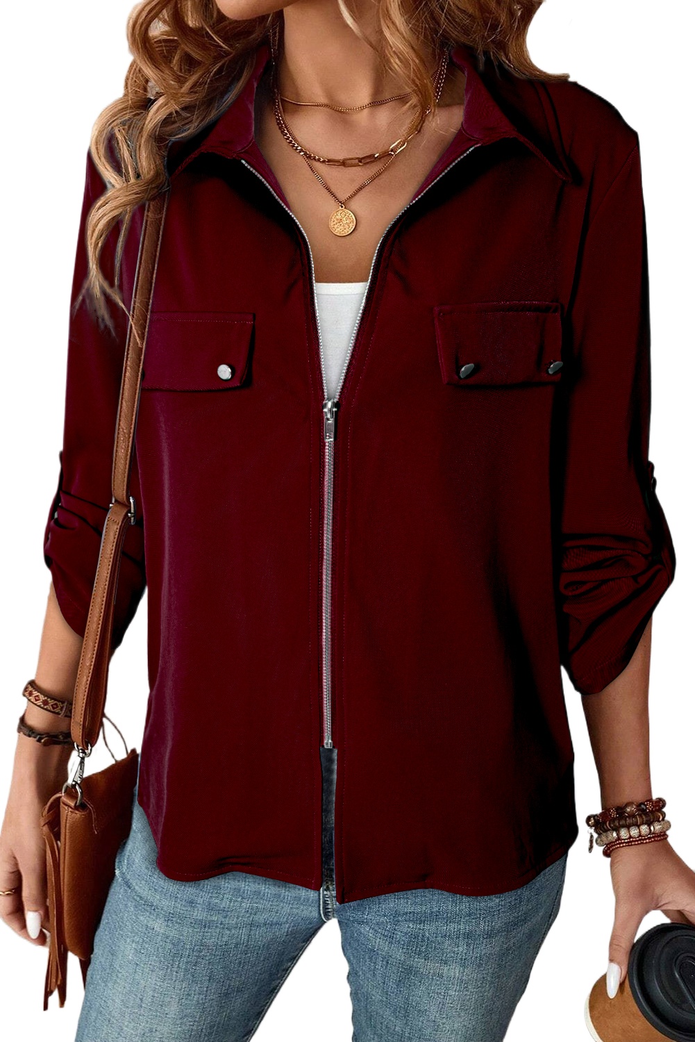Women's Red Dahlia Zip Up Flap Detail Jacket with Tab Sleeves - Main View Women's Red Dahlia Zip Up Flap Detail Jacket with Tab Sleeves - Main View