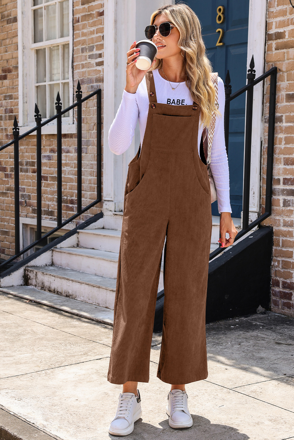 Women's Brown Corduroy Overalls, Wide Leg Casual Jumpsuit - Detail View 7 Women's Brown Corduroy Overalls, Wide Leg Casual Jumpsuit - Detail View 7