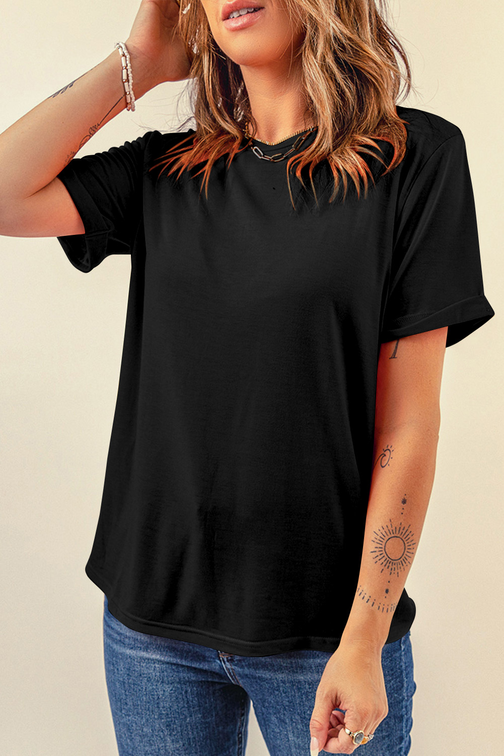 Solid Black Everyday T-Shirt, Comfortable Round Neck Tee - Detail View 2 Solid Black Everyday T-Shirt, Comfortable Round Neck Tee - Detail View 2