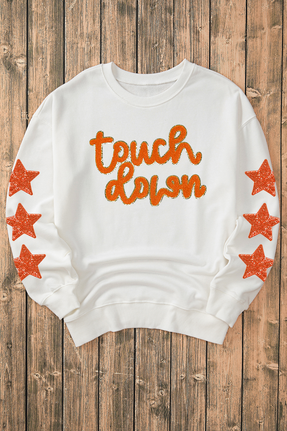 Women's Beige Star Sleeve Glittering Touch Down Patched Pattern Sweatshirt - Detail View 6 Women's Beige Star Sleeve Glittering Touch Down Patched Pattern Sweatshirt - Detail View 6